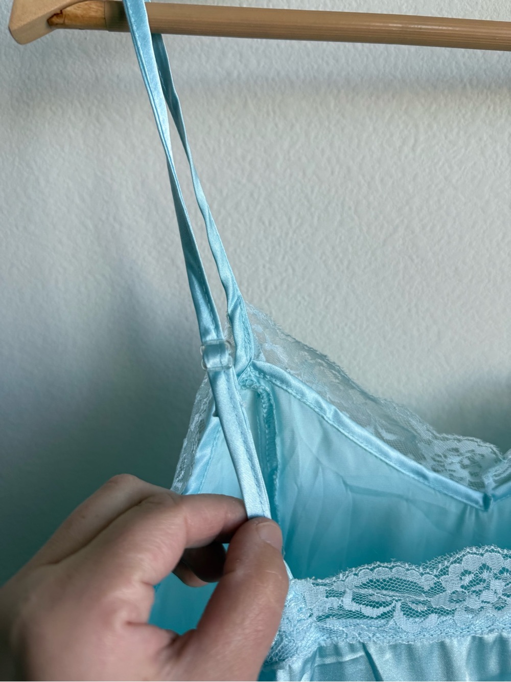 Vintage Satin Slip Dress Nightgown Lace Trim Light Blue Adjustable Straps OS - Picture 6 of 8